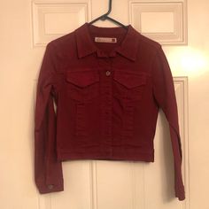 Beautiful Never Worn Brick Colored Denim Jacket Fitted Red Denim Jacket With Long Sleeves, Casual Red Denim Outerwear, Fitted Red Denim Jacket For Fall, Casual Red Long Sleeve Denim Jacket, Red Fitted Denim Jacket, Casual Red Denim Jacket With Pockets, Red Fitted Denim Jacket Casual, Fitted Red Denim Jacket, Red Fitted Casual Denim Jacket