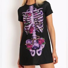 Blackmilk “Creeper Ribs Pastel Swing Tee Dress“ Size Medium Brand New In Bag With Tags, Nwt Sold Out Limited Edition From Blackmilk Clothing. Comfy Flattering Black Tee Dress With Graphic Print Front And Back Of A Gorgeous Purple Skeleton, Flowers And Snakes. Manufacturer’s Details: When Skeletal Ribs Just Aren’t Creepy Enough, Go Ahead And Throw Some Pink Roses And Entwined Snakes In There. Perfect. Made From Our Crazy Comfy Tee Fabric Relaxed, Slightly A-Line Fit Pockets For Snacks Composition Black Short Sleeve Mini Dress For Halloween, Casual Black Mini Dress For Halloween, Casual Short Sleeve Halloween Dress, Black Skull Print Dress For Party, Purple Crew Neck Dress For Spring, Edgy Fitted Skull Print Dress, Casual Skull Print Dresses For Spring, Fitted Skull Print Dress For Spring, Casual Skull Print Spring Dresses