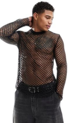 Long Sleeve T-shirt For Fall Party, Black Club T-shirt For Spring, Long Sleeve T-shirt For Spring Party, Black Crew Neck Top For Club, Fishnet Party Tops For Spring, Spring Party Fishnet Tops, Fitted Fishnet Top For Night Out, Stretch Long Sleeve Club Tops, Long Sleeve Stretch Tops For Club