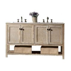 a bathroom vanity with two sinks and wicker baskets