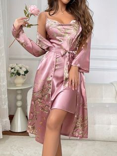 2pcs Women Elegant Floral Leaf Printed Silky Robe & Nightgown Set, Loose Belted Long Robe & Spaghetti Strap Short Dress, Casual Comfortable Sleepwear Set Pink Elegant    Plain,Plants Robe Sets Slight Stretch All Women Sleep & Lounge, size features are:Bust: ,Length: ,Sleeve Length: Long Sleeve Satin Dress For Loungewear, Pink Summer Night Robe, Long Sleeve Satin Sleep Dress, Satin Long Sleeve Sleep Dress, Long Sleeve Satin Nightgown For Party, Summer Long Sleeve Nightgown For Wedding Night, Pink Long Sleeve Dresses For Night, Pink Spring Night Robe, Summer Wedding Night Long Sleeve Nightgown