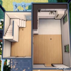 an overhead view of a small house with stairs