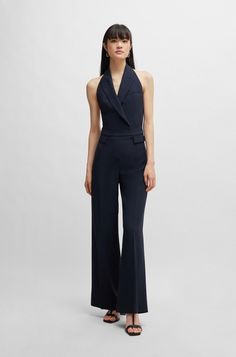 Elegant Halter Neck Jumpsuits And Rompers For Formal Occasions, Elegant Formal Halter Neck Jumpsuits And Rompers, Elegant Formal Halter Neck Jumpsuits, Elegant Spring Jumpsuits And Rompers With Back Opening, Elegant Halter Neck Evening Jumpsuits And Rompers, Elegant Strapless Halter Neck Jumpsuit For Spring, Elegant Halter Neck Strapless Jumpsuit For Spring, Elegant Structured Pantsuit For Party, Sleek Structured Evening Pantsuit