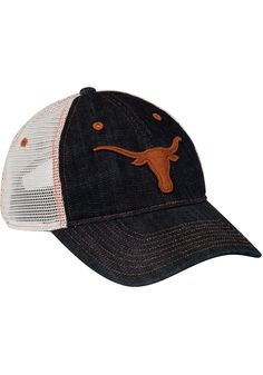 This Texas Longhorns Blue Adjustable Hat features a front embroidered team logo on a matching denim crown and visor with contrast meshback. Wrangler Denim Trucker Hat, Front embroidered team logo, Stretch denim crown and visor, Contrast soft meshback, Side Wrangler logo, Cotton/Poly Blend, Wipe clean with cloth or cleaning kit, 4 Casual Baseball Cap With Curved Bill For Rodeo, Casual Trucker Hat With Curved Bill For Fan Gear, Casual Trucker Hat With Curved Visor For Fan Gear, Casual Trucker Hat With Curved Visor For Fans, Casual Trucker Hat With Curved Brim For Fan Gear, Casual Trucker Hat For Fan Gear, Casual Curved Bill Hat For Rodeo, Adjustable Casual Baseball Cap For Rodeo, Casual Snapback Hat For Rodeo