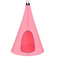 a pink cone shaped hanging light with two black sticks sticking out of the top and bottom