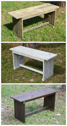 three different benches made out of old pallet wood, one is empty and the other has