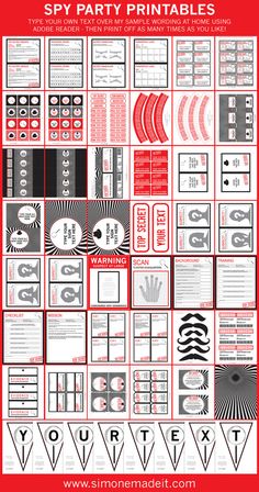 a red and black poster with different types of symbols in the form of letters, numbers and