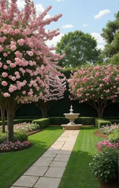 a garden with pink flowers and trees in the background