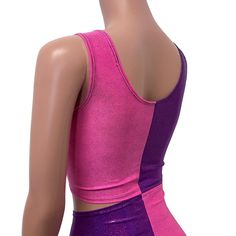 The perfect rave outfit that includes our high-waisted hot pants and crop tank in purple and pink sparkle spandex. Pink Fitted Crop Top Sports Bra, Pink Fitted Cropped Sports Bra, Fitted Pink Crop Top Sports Bra, Fitted Pink Cropped Sports Bra, Fitted Purple Crop Top For Festival, Fitted Cropped Pink Sports Bra, Pink Fitted Crop Top For Yoga, Fitted Pink Crop Top For Yoga, Pink Fitted Top For Cheerleading