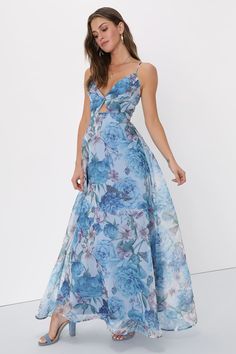 Blue Floral Print Maxi Dress - Organza Maxi Dress - Cutout Dress - Lulus Organza Maxi Dress, Dress Organza, Grad Outfits, Lulu Fashion, Organza Dress, Floral Print Maxi Dress, Floral Print Maxi, Blue Floral Print, Vacation Dresses