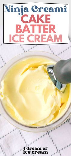 an ice cream recipe in a glass bowl with a scooper and spoon on the side