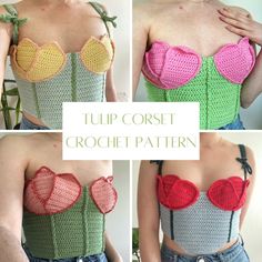 four photos of different types of crochet bras with hearts and bows on them