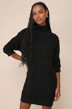 Prepare to be the cutest (and warmest) babe of the season in the Lulus Positively Charming Black Turtleneck Mini Sweater Dress! Soft brushed sweater knit shapes this cozy dress that features a chic turtleneck framed by long sleeves with drop shoulders. The relaxed, shift silhouette boasts a front patch pocket before it falls to a cute mini hem that pairs perfectly with your favorite knee-high boots. Ribbed knit accents the neckline, cuffs, and hem. Fit: This garment fits true to size. Length: Mi Chic Crew Neck Sweater Dress For Fall, Chic Fall Sweater Dress With Crew Neck, Cozy Long Sleeve Textured Sweater Dress, Cozy Long Sleeve Sweater Dress, Casual High Neck Knitted Sweater Dress, Soft Knit Dresses For Fall, Cozy Textured Knit Long Sleeve Sweater Dress, Casual Knitted High Neck Sweater Dress, Soft Knit Fall Dresses