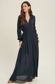 A solid hue allows for easy pairing in a long-sleeve maxi dress complete with smocked trims for on-trend appeal. V-neck Long sleeves Partially lined 100% polyester Machine wash, dry flat Imported Summer Dresses Online, Shopping Clothes, Clothing Summer, Wardrobe Edit, Blue Fits, Sleeve Maxi Dress, Boho Maxi, Sweaters And Leggings, Long Sleeve Maxi