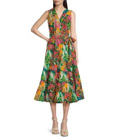 Gibson & Latimer Floral Printed Tiered Sleeveless Surplice V-Neck Tie Waist Wrap Midi Dress | Dillard's V-neck Sleeveless Dress For Garden Party, Sleeveless V-neck Dress For Garden Party, Chic Sleeveless Floral Print V-neck Dress, Chic Sleeveless V-neck Dress With Floral Print, Green V-neck Sleeveless Dress For Garden Party, Beach Sleeveless V-neck Dress With Tie Waist, Multicolor V-neck Midi Dress With Tie Waist, Spring Sleeveless Dress With Surplice Neckline, Casual Sleeveless V-neck Dress With Tie Waist