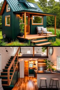 two pictures showing the inside and outside of a tiny house