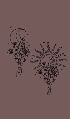 the sun and flowers are drawn in black ink on a brown background, with small stars