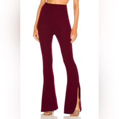 Long Knitted Flares Cashmere Pants Fitted Burgundy Winter Bottoms, Red Ribbed Stretch Bottoms, Red Stretch Ribbed Bottoms, Fitted Burgundy Pants For Winter, Casual Red Ribbed Bottoms, Fitted Full-length Ribbed Pants, Fitted Full Length Ribbed Pants, Fitted Ribbed High-waisted Pants, Knitted Flare Pants