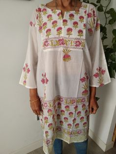 Cotton tunic Summer Tunic Blouse With Printed Motifs, Summer Blouse With Printed Motifs In Straight Kurta Style, Summer Kurta Blouse With Printed Motifs, Spring White Blouse With Block Print, White Printed Tunic Blouse, Hand Printed Long Sleeve Blouse For Spring, Summer Tunic Blouse For Beach Cover-up, Long Sleeve Hand Printed Blouse For Spring, Multicolor Floral Print Cotton Tunic