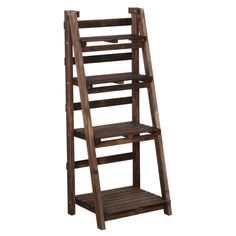 a wooden ladder shelf with shelves on the bottom and one side, against a white background