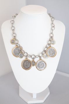 This necklace is made with a gold multi-chain and hammer coins. It's a lot of fun to wear and looks great with anything. It's the perfect accessory for everyday use. Coin Necklace, Christmas Sale, Tennis Bracelet, Buying Jewelry, Rainbow Colors, Statement Necklace, Gemstones, Chain, Crystals