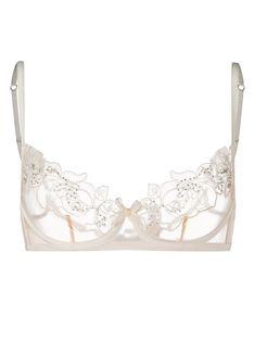 Lace Trim Evening Bra, Evening Lace Bra With Delicate Details, White Feminine Bra With Lace Closure, Feminine White Bra With Lace Closure, Fitted White Evening Bra, Feminine Lace Bra With Removable Cups, Fitted Luxury Bra With Underwire, Luxury Fitted Underwire Bra, Cream Lace Bra With Lace Trim