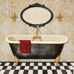 an old fashioned bathtub with a red towel hanging from it's side in front of a black and white checkered floor