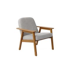 a grey chair with wooden arms and legs