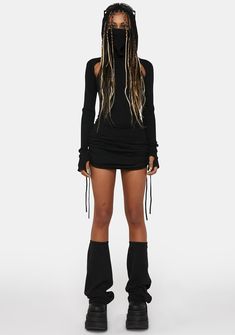 has a stretchy ribbed jersey knit construction with a washed black finish and a racerback cut-out design with an embroidered 'D' logo graphic. This hooded mini dress features a cowled turtle neckline that can be pulled up into a mask, long sleeves with thumbholes, and a skirt with ruching and adjustable ties. Edgy Stretch Dresses For Winter, Edgy Winter Dresses With Stretch, Spring Turtleneck Mini Dress For Night Out, Casual Mini Dress For Winter Clubbing, Casual Mini Dress For Club In Winter, Casual Winter Mini Dress For Club, Trendy High Neck Mini Dress For Fall, Black Dresses For Fall Streetwear, Fitted Black Mini Dress With Drawstring