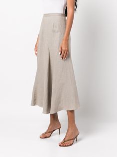 VOZ Spiral Linen Midi Skirt - Farfetch Elegant Linen Lined Skirt, Elegant Linen Bottoms With Lined Skirt, Chic Linen Lined Skirt Bottoms, Linen Bottoms With Asymmetrical Hem For Summer, Summer Linen Bottoms With Asymmetrical Hem, Summer Linen Midi-length Bottoms, Linen Lined Skirt For Workwear, Chic Linen Long Skirt, Chic Relaxed Linen Skirt