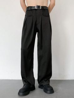 Men Solid Color Straight-Leg Casual Suit Pants Black    Fabric Plain  Non-Stretch  Men Clothing, size features are:Bust: ,Length: ,Sleeve Length: Black Cotton Dress Pants For Fall, Baggy Black Dress Pants With Pockets, Black Baggy Dress Pants With Pockets, Baggy Dress Pants With Pockets For Fall, Fall Dress Pants With Pockets And Relaxed Fit, Black Dress Pants With Pockets For Fall, Formal Pant For Men, Mode Costume, Formal Pants