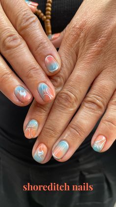 Orange blue ombre nail art with chrome frames and nail art Nail Art With Chrome, Orange And Blue Nails, Blue Ombre Nail, Ombre Chrome, Nail Art Orange, Ombre Chrome Nails, Ombre Nail Art, Blue Ombre Nails