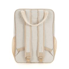 a beige and white striped backpack with straps