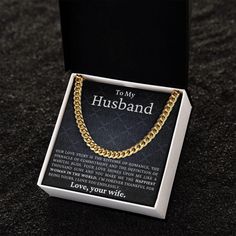 Give your husband a gift he will treasure. The message card reads: Our love story is the epitome of romance, the pinnacle of commitment and the definition of marital bliss. Your love shines upon me like a thousand suns and you make me the happiest woman in the world. I'm forever thankful for being yours. I love you endlessly. Love, your wife This Cuban link chain necklace is the perfect gift for your husband, whether it's for his birthday, anniversary, Valentine's Day, or just because. The neckl Promise Necklace, Distance Gifts, Cuban Link Chain Necklaces, Long Distance Gifts, Classic Necklace, I Love You Forever, To Infinity And Beyond, Luxury Gift Box, Cuban Link Chain