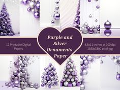 purple and silver ornaments paper with hearts, balls, ornaments and trees in the background