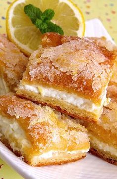 lemon bars are stacked on top of each other