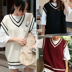 Women Knit Vest Jumper Pullover Student V Neck Tops Knitwear Casual Sweater | eBay Affordable Collared Tops For School Uniform, Cheap Cardigan For School, Cheap Cotton Sweater For Daywear, Casual Polo Collar Tops, Cheap Collared Tops For School Uniform, Vest Over White Long Sleeve, Cheap Oversized Top With Striped Collar, Cheap Trendy Sweater With Buttons, Cheap Solid Tops With Polo Collar