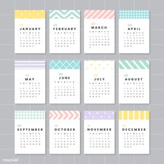 a calendar with colorful stripes and dots on the front, in pastel colors for each month