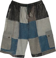 Neutral, smart and casual- these patchwork unisex shorts are perfect for a easygoing summer look. The woven cotton shorts have an elastic drawstring waist, pockets and box pockets in the front. #tlb #vacationclothing #beachwrap #Solid #bohemianfashion #Pocket #BohemianShorts Blue Cotton Shorts With Patch Pockets, Blue Shorts With Multiple Pockets For Summer, Blue Summer Shorts With Multiple Pockets, Blue Patch Pocket Shorts For Summer, Beach Cotton Cargo Shorts, Summer Cotton Cargo Shorts With Multiple Pockets, Cotton Shorts With Pockets For Beach, Relaxed Fit Patchwork Bottoms For Summer, Cotton Cargo Shorts With Patch Pockets