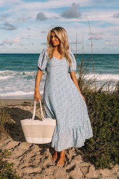 Spring Beach Floral Dress With Smocked Bodice, Summer Floral Dress With Smocked Bodice For Vacation, Spring Brunch Floral Dress With Gathered Sleeves, Summer Floral Dress With Smocked Bodice For Beach, Summer Vacation Floral Dress With Smocked Bodice, Floral Print Puff Sleeve Maxi Dress For Brunch, Casual Floral Dress With Gathered Sleeves, Puff Sleeve Maxi Dress With Floral Print For Brunch, Beach Maxi Dress With Puff Sleeves And Floral Print