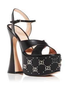 Gucci Women's Gg Embellished Platform High Heel Sandals High Heel Platform Sandals, Gucci Heels, High Heel Platform, Fancy Shoes, Shoe Inspo, Black Sandals Heels, Platform High Heels, Comfortable Sneakers, Shoe Style