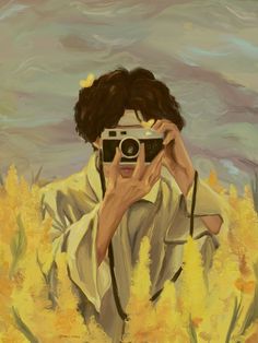 a painting of a man holding a camera in front of his face with yellow flowers behind him