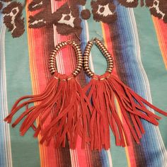 Brand New, Bought And Were Too Heavy For Me. These Are Silver Beaded Hoops With A Rust Colored Reddish Long Leather Fringe. Very Cute On. Shirt Sold In Separate Listing. Red Bohemian Jewelry With Beaded Fringe, Southwestern Style Beaded Fringe Dangle Earrings, Southwestern Fringe Earrings For Festivals, Red Bohemian Beaded Fringe Earrings, Southwestern Fringe Dangle Jewelry, Dangerous Love, Crazy Train, Western Earrings, Leather Fringe