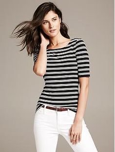 Double-Stripe Catalina Tee - Shirts Elegant Vertical Stripes Top For Spring, Elegant Tops With Vertical Stripes For Spring, Chic Fitted Vertical Stripes Tops, Chic Fitted Top With Vertical Stripes, Chic Fitted Tops With Vertical Stripes, Fitted Horizontal Stripe Spring Top, Chic White Horizontal Stripe Top, Chic White Tops With Horizontal Stripes, Chic White Top With Horizontal Stripes