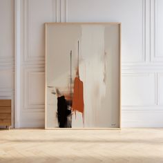 an abstract painting is displayed in front of a white wall and wooden floor with two nightstands