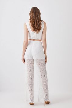 Lace Woven Wide Leg Trouser Party Wide Leg Lace Pants, Lace Wide-leg Bottoms For Night Out, Wide Leg Lace Pants With Lace Trim, Stretch Lace Wide-leg Pants, Stretch Lace Full-length Pants, Lace Weave, Karen Millen, Wide Leg Trousers, Fashion Face