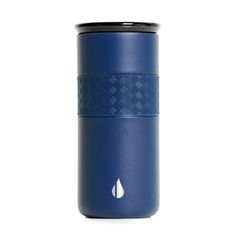 thermos vacuum cup is blue and has a black lid