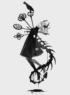 a black and white drawing of a woman with flowers in her hair holding an umbrella