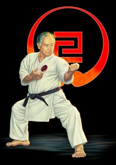 a painting of a man in karate stance with the letter e on it's chest