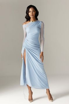 Dua Organza Ruched Mesh Long Sleeve Cut Out Maxi Dress (Soft Blue) Pastel Dress Outfit Wedding, Icy Blue Dress, Ethereal Goddess, Bridesmaids Proposal, Cut Out Maxi Dress, Duchess Satin, Purple Mini Dresses, Maxi Dress Black, Sleeve Maxi Dress